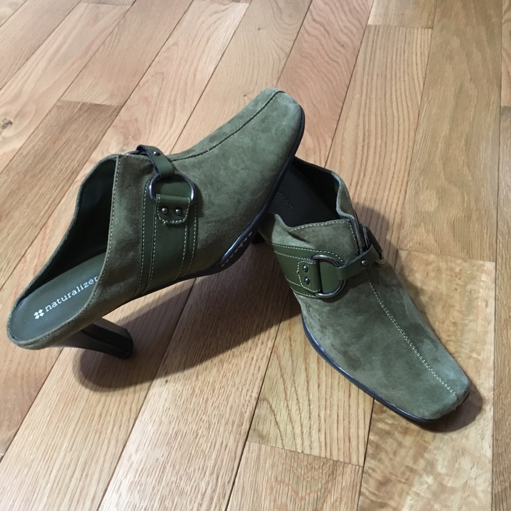 Naturalizer Olive Green Suede Mules with Buckle Detail